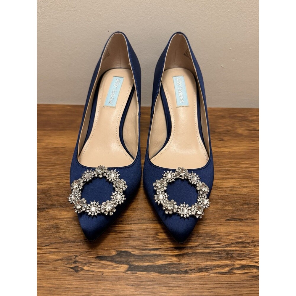 Blue by Betsey Johnson Navy Satin Pump Pointed Toe Block Heel Rhinestone 7M